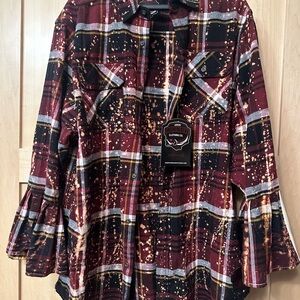 NWT Angry Minnow Vintage Women’s Flared Sleeve Red/Black Plaid Flannel Shirt XL